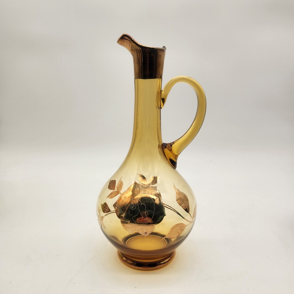 Vintage Moser MCM Limited Edition Amber Glass Decanter Gold‎ Overlay Rose Floral